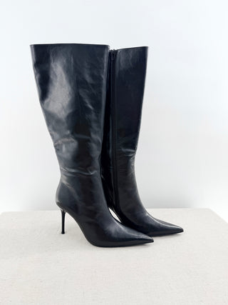 Tony Bianco Naxos knee high boots in vintage leather, featuring sleek pointed-toe, slim stiletto heel, and streamlined knee-high shaft, 9