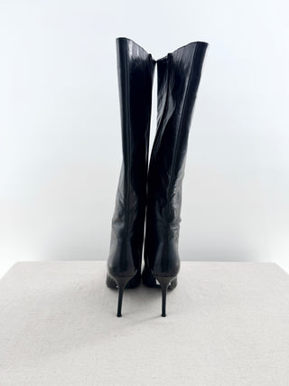 Tony Bianco Naxos knee high boots in vintage leather, featuring sleek pointed-toe, slim stiletto heel, and streamlined knee-high shaft, 9