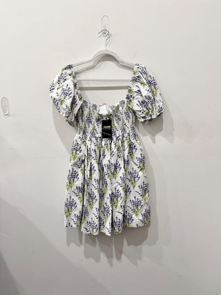 Cousin the label off shoulder pattern smocked mini dress, XS