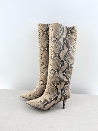 Yeezy Season 7 pyhton embossed knee high boots, featuring sleek pointed toe, fitted shaft, and slim stiletto heel, 39