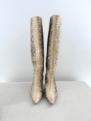 Yeezy Season 7 pyhton embossed knee high boots, featuring sleek pointed toe, fitted shaft, and slim stiletto heel, 39