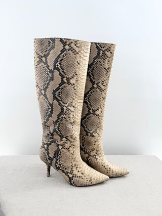Yeezy Season 7 pyhton embossed knee high boots, featuring sleek pointed toe, fitted shaft, and slim stiletto heel, 39