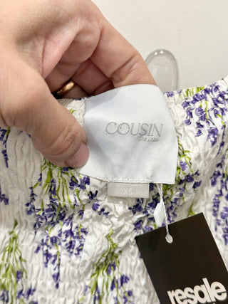 Cousin the label off shoulder pattern smocked mini dress, XS