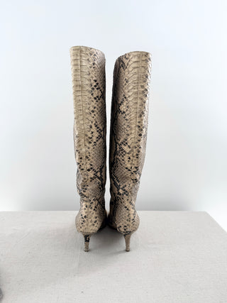 Yeezy Season 7 pyhton embossed knee high boots, featuring sleek pointed toe, fitted shaft, and slim stiletto heel, 39