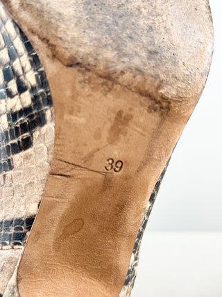 Yeezy Season 7 pyhton embossed knee high boots, featuring sleek pointed toe, fitted shaft, and slim stiletto heel, 39