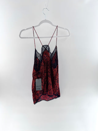 Zadig & Voltaire cristy silk tank top with lace trim, S