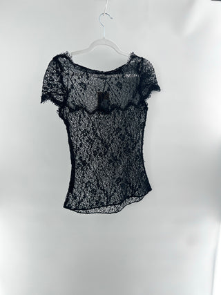 Ellie Tahari cap sleeve lace mesh top, M