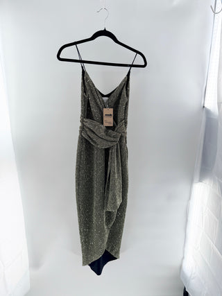 NWT Saylor Cyrielle Metallic Sequins Slip Midi Dress Silver Gold Women's Size XS