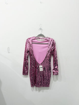 Superdown Cindi Sequin Long Sleeve Open Back Bodycon Mini Dress Pink Women's S