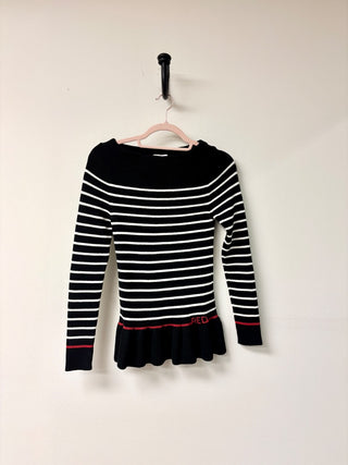 Red Valentino Ruffled Hem Ribbed-Knit Sweater Striped Black Women's Size Medium
