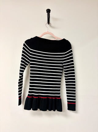 Red Valentino Ruffled Hem Ribbed-Knit Sweater Striped Black Women's Size Medium