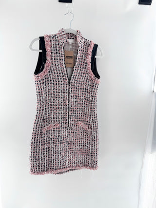 Alexis Sleeveless Tweed Front Zip Mini Bodycon Dress Pink Black Women's Size XS