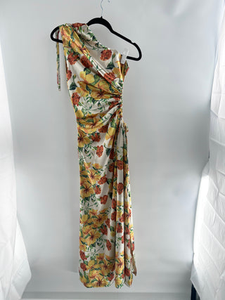SONYA asymmetrical sleeveless floral satin long dress, M