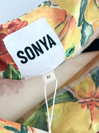 SONYA asymmetrical sleeveless floral satin long dress, M