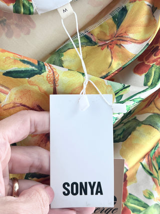 SONYA asymmetrical sleeveless floral satin long dress, M