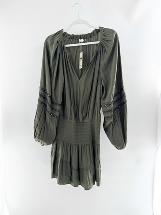 Ramy Brook satin smocked mini dress with embroidery, L