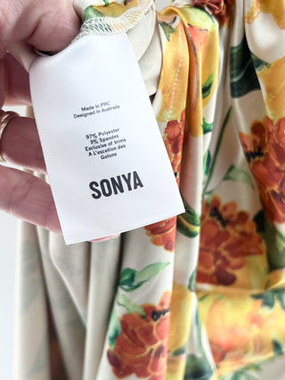 SONYA asymmetrical sleeveless floral satin long dress, M