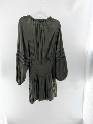 Ramy Brook satin smocked mini dress with embroidery, L