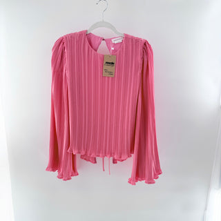 NWT Lovers + Friends Sawyer Plissé Pleated Long Bell Sleeve Blouse Candy Pink XS