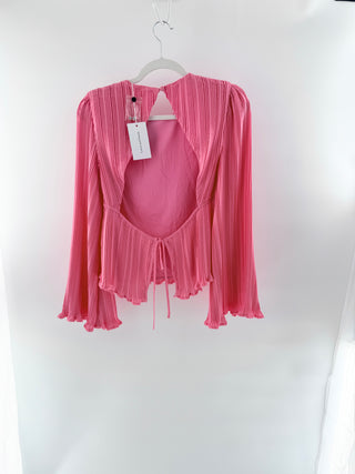 NWT Lovers + Friends Sawyer Plissé Pleated Long Bell Sleeve Blouse Candy Pink XS