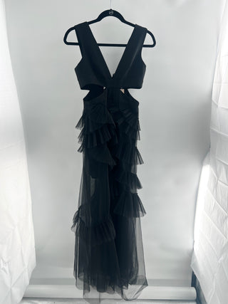 BCBG Max azria tulle ruffle long dress with cut outs, 0