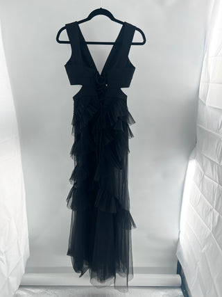 BCBG Max azria tulle ruffle long dress with cut outs, 0