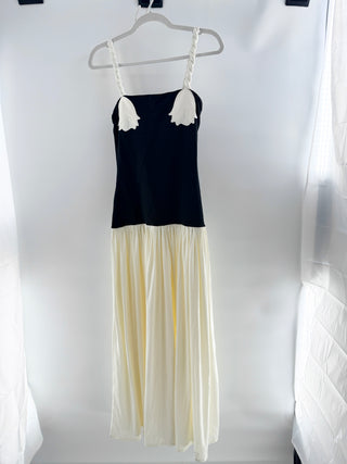 Bahia Maria Tulipanes color block noa maxi dress featuring hand-crafted tulip applique detailing at neckline, braided shoulder straps, and flowing maxi skirt, S