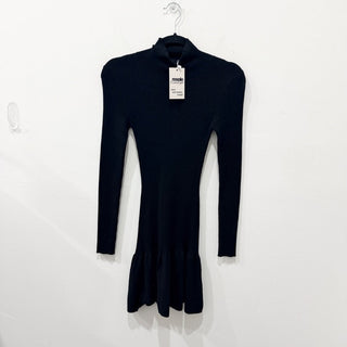 Sundays Long Sleeve Mock Neck Ribbed Mini Dress with Ruffle Hem Black Womens S