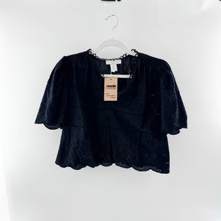 Caroline Constas Eyelet Scalloped Flutter Sleeve Crop Blouse Black Women's Small