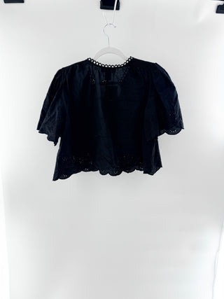 Caroline Constas Eyelet Scalloped Flutter Sleeve Crop Blouse Black Women's Small
