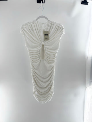 rhodochrosite ruched mini dress crafted from soft stretch fabric, features dramatic gathered detailing, structured cap sleeves, and high neckline, S
