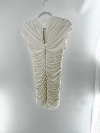 rhodochrosite ruched mini dress crafted from soft stretch fabric, features dramatic gathered detailing, structured cap sleeves, and high neckline, S