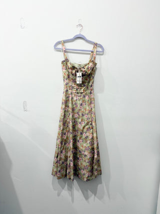 House of CB Carmen Peony Floral Print Bustier Midi Sundress Green Pink Small