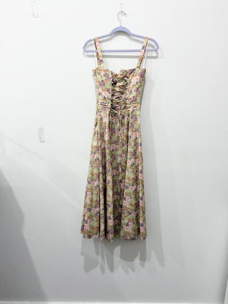 House of CB Carmen Peony Floral Print Bustier Midi Sundress Green Pink Small
