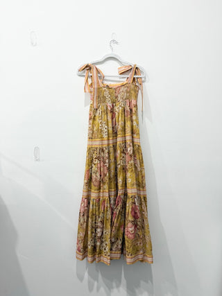 Zimmermann Pattie Tie-Shoulder Midi Sundress Mustard Floral Women's Size 1 / S