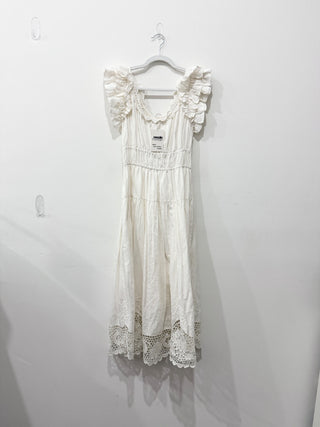 Ulla Johnson Flutter Sleeve Scalloped Lace Trim Midi Dress White Women's Size 4