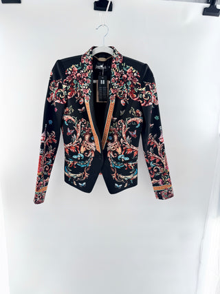 Just Cavalli statement blazer featuring intricate baroque-inspired floral print with structured fit and single-button front closure, 38 IT / US 2