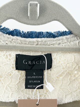 Gracia lace denim fringe jacket open, L