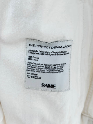 Same the perfect denim jacket crafted from premium rigid denim, features dropped shoulders, button-front closure, and flap chest pockets, XS/S