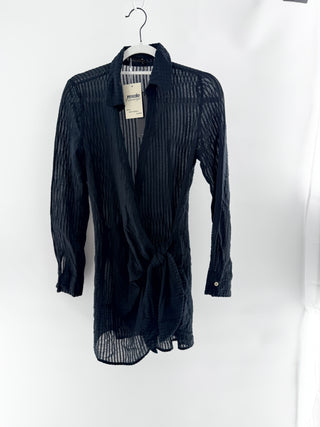 Vix swim cover-up crafted from lightweight textured cotton with a semi-sheer striped eyelet design, features collared neckline, long sleeves with button cuffs, XS