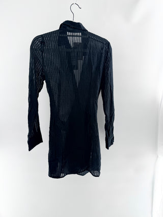 Vix swim cover-up crafted from lightweight textured cotton with a semi-sheer striped eyelet design, features collared neckline, long sleeves with button cuffs, XS