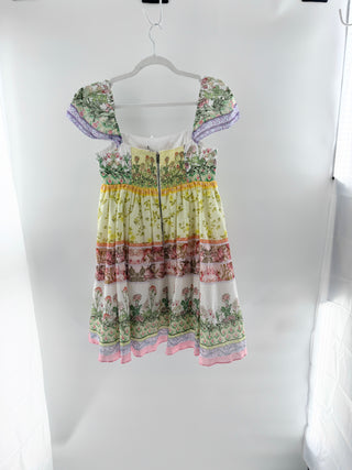 Alice + Olivia Tamia Puff Sleeve Babydoll Mini Dress Floral Fest Women's Size 6