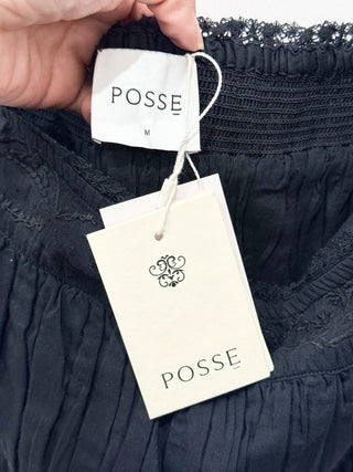 NWT Posse Mylah Strapless Pleated A-Line Maxi Dress Black Women's Size Medium