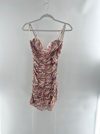 For Love & Lemons ruched floral mini dress, M