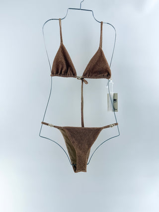 Devon Windsor two-piece bikini set featuring the zuri bikini top and zack bikini bottom in shimmering metallic fabric, S