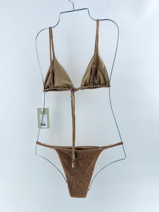 Devon Windsor two-piece bikini set featuring the zuri bikini top and zack bikini bottom in shimmering metallic fabric, S