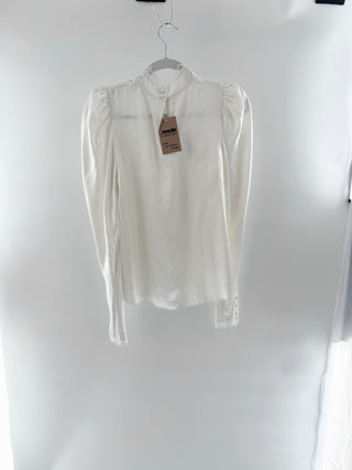 Frame high collar lace trim silk blouse, S