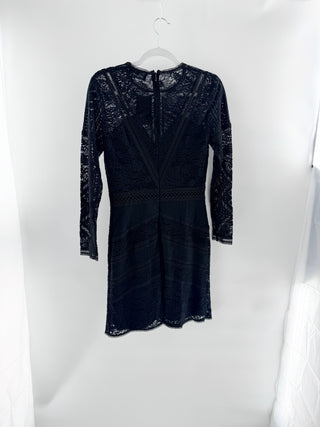 The Kooples Mix Dentelle Long Sleeve Lace Sheath Mini Dress Black Women's Small