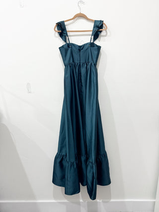 Dessy Collection Satin Ruffle Strap Tiered Hem Corset Maxi Dress Evergreen Small
