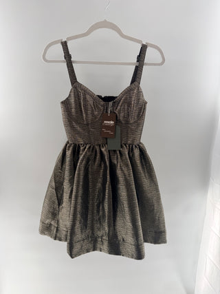 NWT All Saints Aimsie Corset Pleated Fit & Flare Mini Dress Metallic Gold US 2